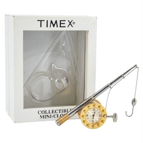 Vtg TIMEX Collectible Mini Clock Fishing Rod in Box, Flawed