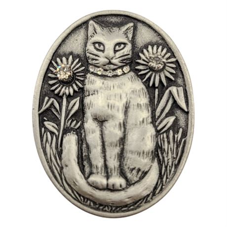 Vintage Signed Ms. Dee Pewter Cat Brooch and Rhinestone Earring Set