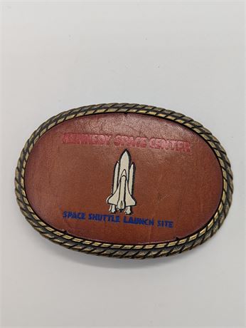 Vintage 1980s KENNEDY SPACE CENTER Leather SPACE SHUTTLE LAUNCH SITE BELT BUCKLE