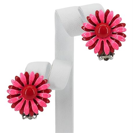 Vintage Pink & Red Enamel Flower Power Clip Earrings