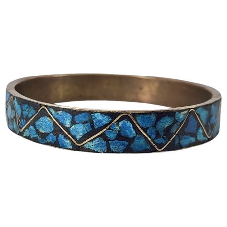 Vintage Indian Brass Inlay Crushed Turquoise Bangle Bracelet