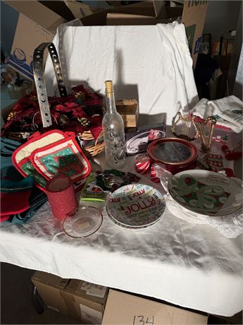 Array of Christmas, Poinsettias, Wine Bottle, Linens,