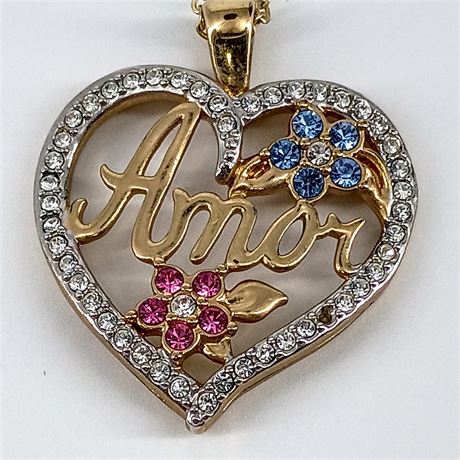 JCM “Amor” Heart Pendant Necklace – Brass with Rhinestone Flowers