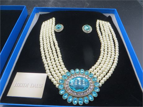 Heidi Daus Pearls & Aqua Stones Necklace & Earrings NIB