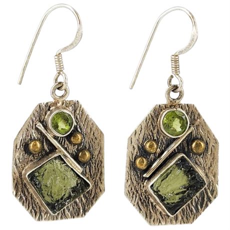Artisan Made Sterling Silver Peridot & Art Glass Earrings