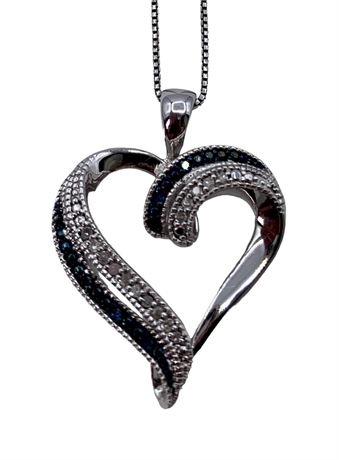 Lovely Diamond, Sapphire & Sterling Heart Pendant on Sterling Chain Necklace
