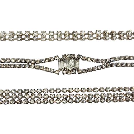 Three Vintage Prong Set Clear Rhinestone Bracelets