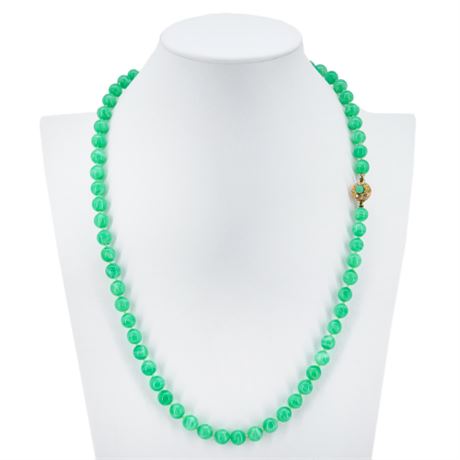 Vintage Japan Green Swirls Glass Bead Necklace w/ Rhinestone Clasp