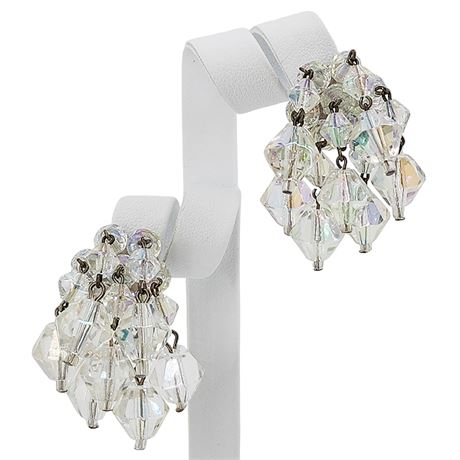 Vtg Aurora Borealis Bi-Cone Crystal Cha-Cha Dangle Clip Earrings
