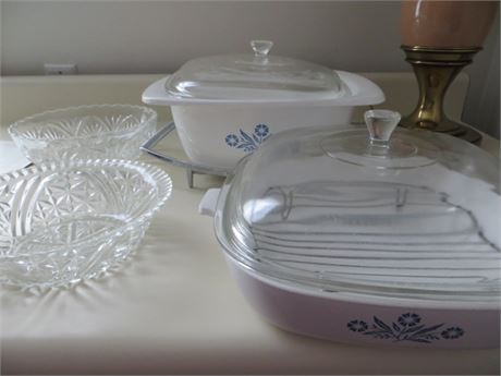 Corning Wware Pans w/Lids & 2 Glass Serving Bowls