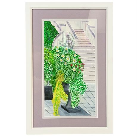 Signed Watercolor, Henry Ereth, Cascading Flowers and Stairs