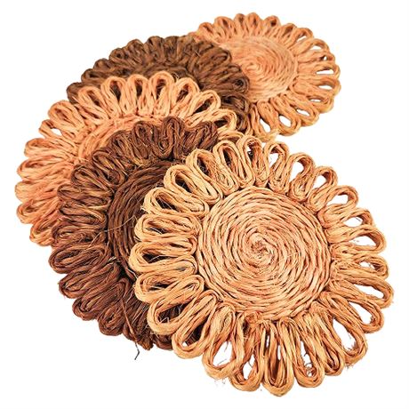 Vintage Woven Jute Flower Coasters, Set of 5