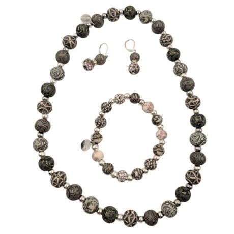 Jilzarah Gray Beaded Necklace, Bracelet and Dangle Earrings Set