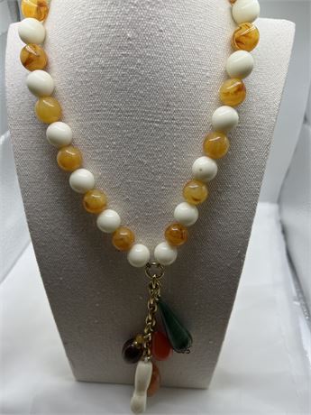 Vintage orange and cream glass beaded multi stone pendant necklace
