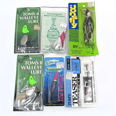 Vintage NEW Fishing Lure Lot- Lindy Tom's Walleye, Jonsfly, Silver Leaf Spoon