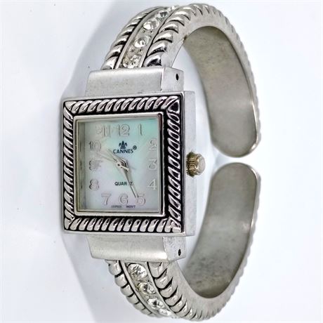 Cannes Silver-Tone Cuff Bracelet Watch – Quartz Movement