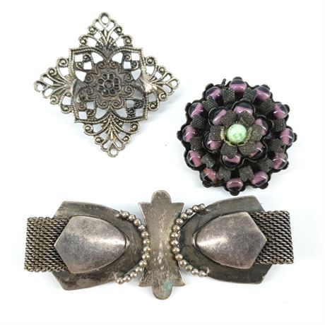 Vintage "Midnight Garden" Brooch Trio - Silver Filigree, Floral & Statement Bow
