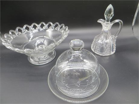 Open Lace Bowl, Princess House Crystal Clear Round Butter Dish & Cruet