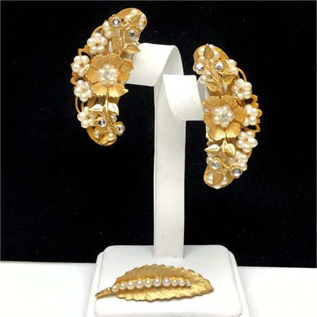 Vintage Flowers Rhinestone Faux Pearl Crescent Earrings & Dainty Brooch