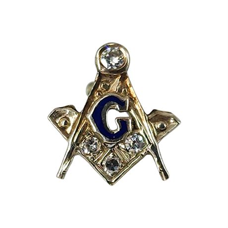Vintage 14K White Gold & Diamond Masonic Screw Back Lapel Pin