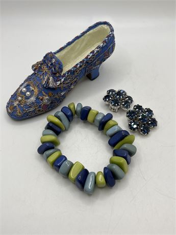 Vintage ceramic shoe bracelet and rhinestone earring lot