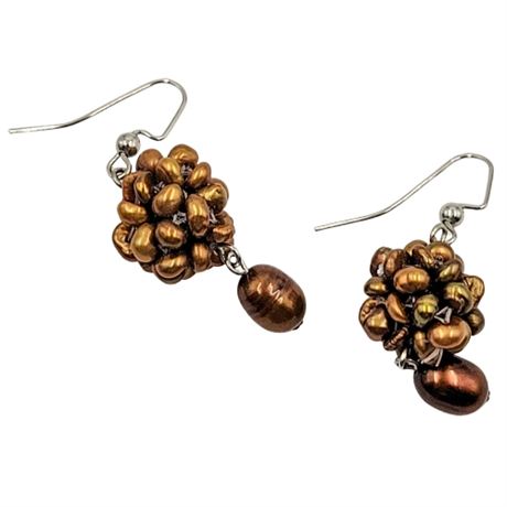 Brown Freshwater Pearl Cluster Dangle Earrings