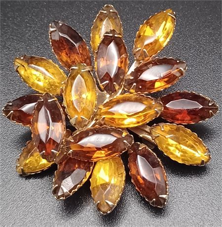 Autumn gold tone floral/leaf rhinestone brooch AS-IS