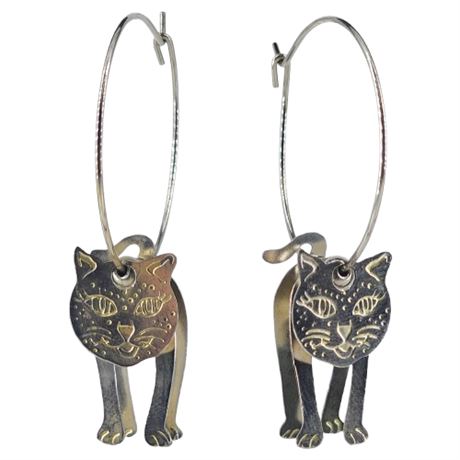 Vintage Silver Tone Dangle Cat Hoop Earrings