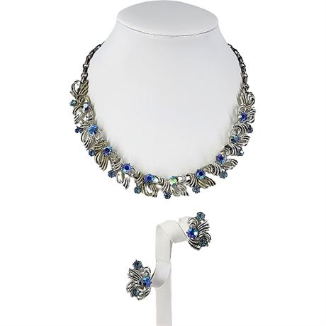 Signed Coro Ice Blue/Aurora Borealis Rhinestone Necklace & Clip Earrings Set