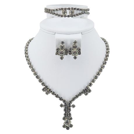 Vintage 3 Piece Prong Set Clear Rhinestone Demi-Parure Set