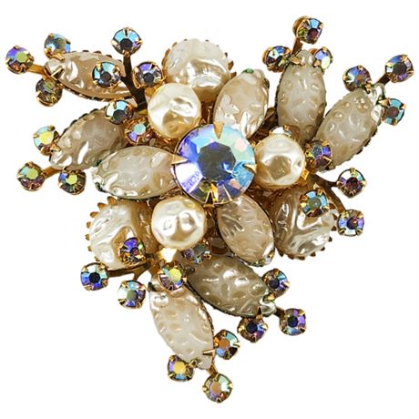 Vintage Aurora Borealis Rhinestone & Textured Pearlescent Glass Brooch