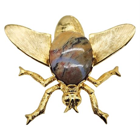 Vintage Gold Tone Picture Jasper Insect Brooch