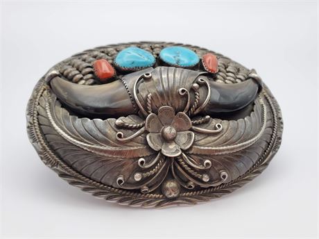 Navajo SC Shawn Cayatineto Sterling Coral Turquoise Bear Claw Belt Buckle 75g