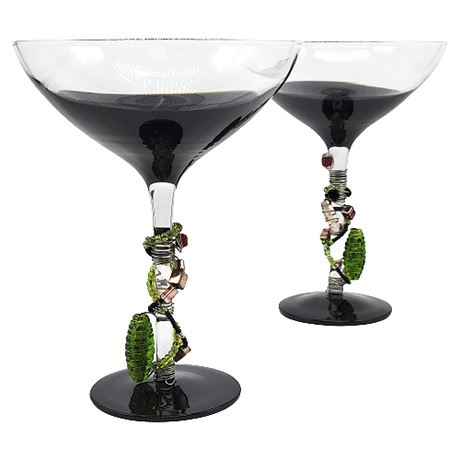 Pair Bead Embellished Art Glass Martini/Cocktail Glasses
