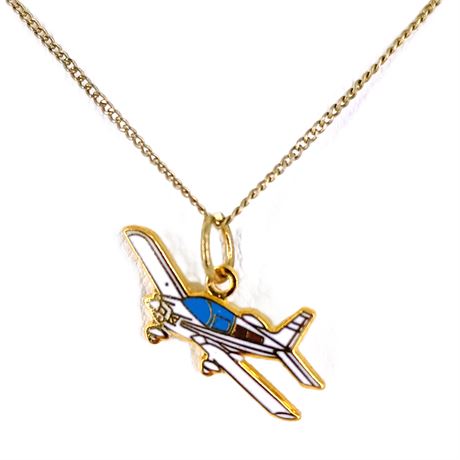 Vintage Enamel Airplane Charm Necklace – Gold Tone Aviation Pendant