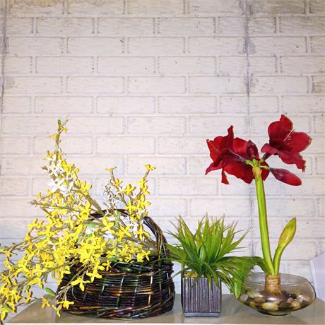 Decorative Faux Floral Arrangements Including Red Amaryllis, Forsythia Basket