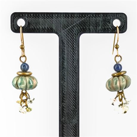 Handcrafted Boho Beaded Dangle Earrings – Striped Glass, Blue Accents & Crystal