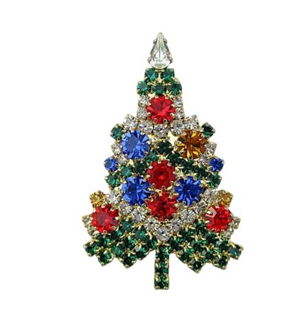 CHRISTMAS TREE Multi-Color Rhinestone Holiday Brooch
