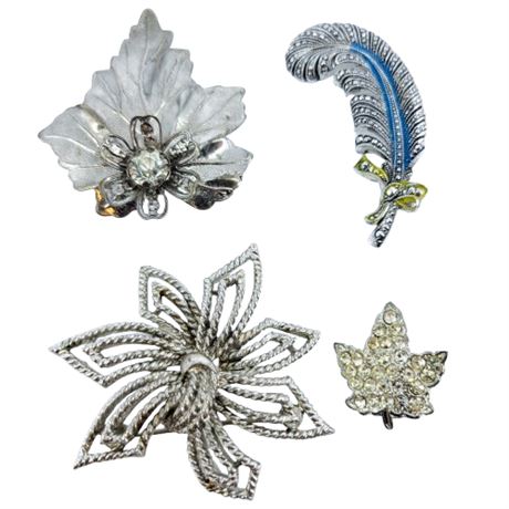Vintage Lot of 4 Silver Tone Brooches Including Monet