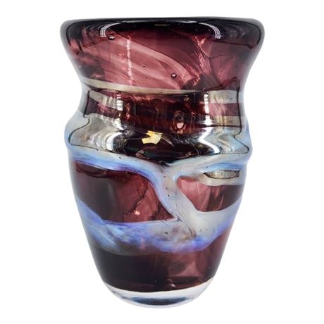 Hand Blown Plum/Iridescent Chrome Art Glass Vase