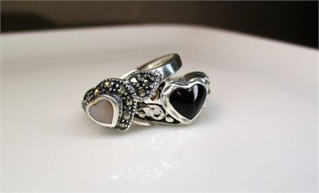 Lot of 2 Sterling Silver Heart Rings ~ Mother of Pearl & Onyx