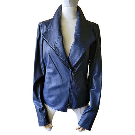 Vince Blue Asymmetrical Zip Leather Moto Jacket