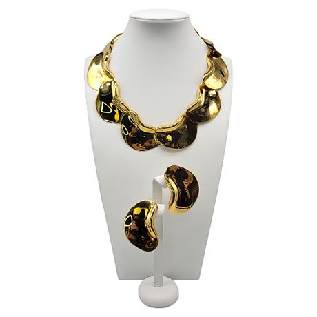 Vintage Gold Tone Big Bean Statement Bib Necklace & Clip Earrings Set