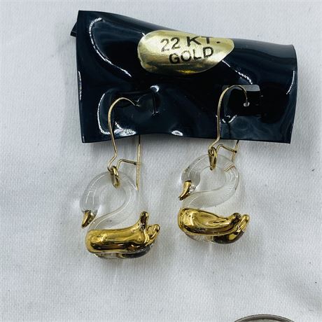 Vtg 22k Gold on Crystal Swan Earrings