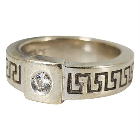 Signed VERSACE 18K White Gold & Diamond Greek Key Ring, Sz 3
