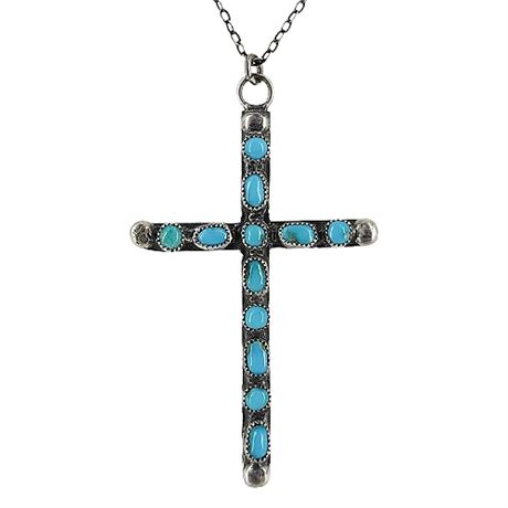 Vintage Native American Sterling Silver Turquoise Petit Point Cross Necklace