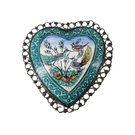 Vintage Persian Hand Painted Birds on Enamel Heart Shaped Brooch Pin
