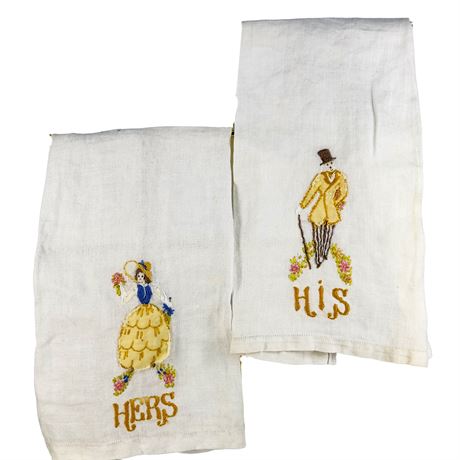 Hand-Appliquéd Antique Linen His and Hers Hand Towels