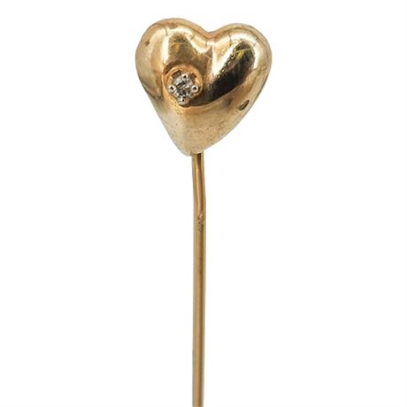 Vintage 14K Gold & Diamond Heart Stick Pin