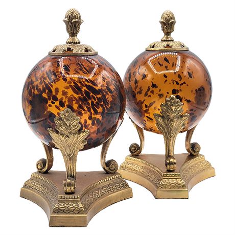 Vintage Bombay Company Amber Glass Spheres w/ Brass Stands & Finials